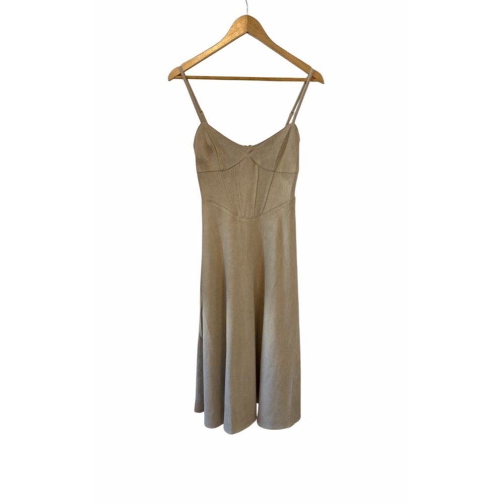 Kleos Beige Faux Suede Midi Dress Medium Corset Bodice Spaghetti Fit & Flare